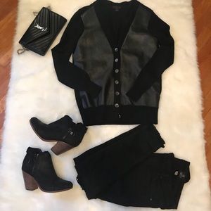 {ann taylor} black faux leather cardigan small